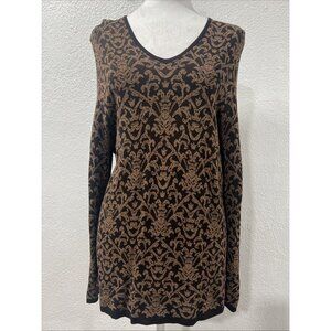 Vintage August Max Woman Y2K‎ Blouse Geometric Top XS Brown Long Sleeves V Neck